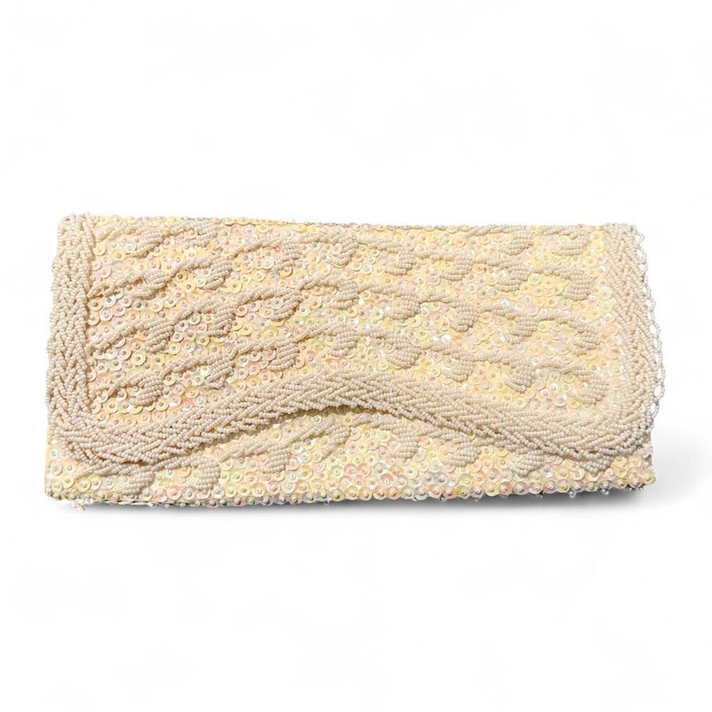Vintage Bon Soir 80s Cream Italian Hand Beaded Sequin Evening Clutch Bridal